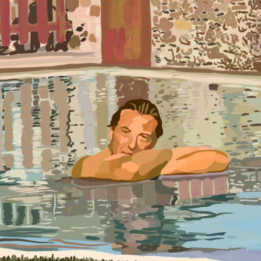 Dibujo “La piscina”. Imagen destacada de la entrada del blog de Eugènia Carrasco, escritora y dibujante